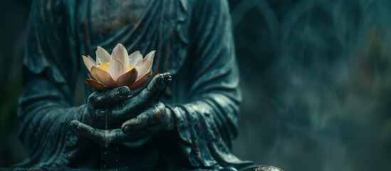 A serene Buddha statue holding a pink lotus flower, set against a blurred water lily pond. Ideal for themes of peace and nature, Vesak celebration