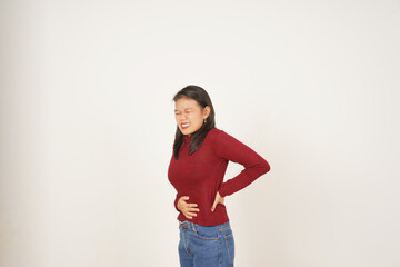Young Asian woman in Red t-shirt Suffering stomachache, pain on stomach isolated on white background