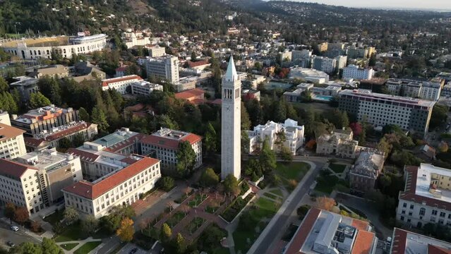 Aerial video of the UC Berkeley campus and Sather Tower. in the USA.