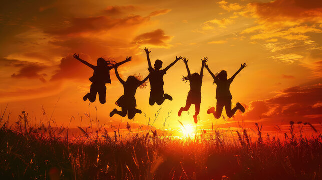 Silhouettes of children jumping in the afternoon background, AI generated Image