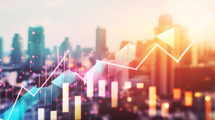 Abstract virtual financial graph hologram and upward arrow on blurry skyline background, forex and investment concept. Multiexposure. - obrazy, fototapety, plakaty
