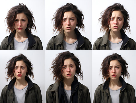 Emotions Psychology, Girl. Multiple emotions in the picture. A girl with different emotions. stress, frustration, sadness. psychological problems. Mental Health