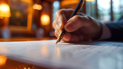 Close up of a male hand holding a pen signing a contract against an abstract blurred background