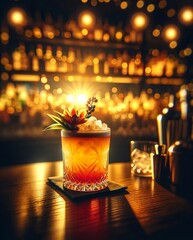 Cocktail at the bar with sunset lights