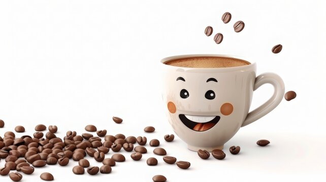 Smiling cartoon coffee cup on white background
