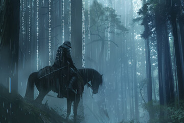 A warrior on horseback, riding through a dense, misty forest, with digital code streams cascading from the trees.