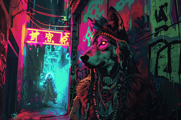 A shaman with a wolf headdress, casting spells in a neon-lit alley, urban graffiti blending with ancient symbols.