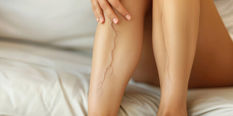 Obraz na płótnie Canvas Vein Health Awareness. Detailed illustration of sick varicose veins on female legs, copy space.