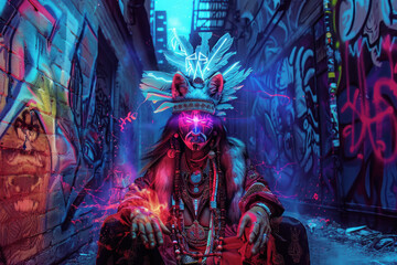 Fototapeta na wymiar A shaman with a wolf headdress, casting spells in a neon-lit alley, urban graffiti blending with ancient symbols.