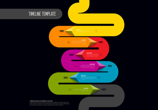 Infographic dark vertical timeline template with right and lef triangle arrows on thick color line