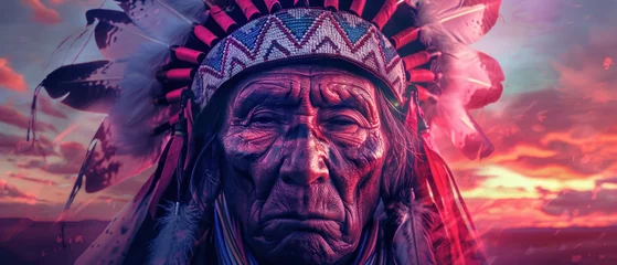 Foto op Plexiglas A dignified portrait of a Native American elder, adorned with a feather headdress, his eyes reflecting wisdom and resilience, set against a backdrop of the vast, untouched American landscape at dusk. © Gasi
