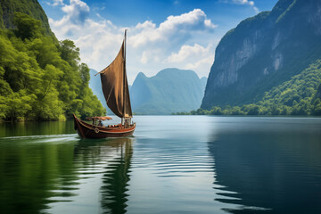 Traditional Viking longship sails peacefully amidst stunning lake scenery with lush green cliffs