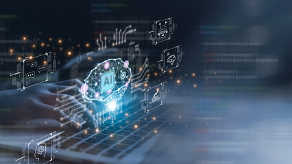 Users use AI machine learning on virtual screens with big data and computer code: AI Artificial Intelligence, Data Science, and Information technology concepts.