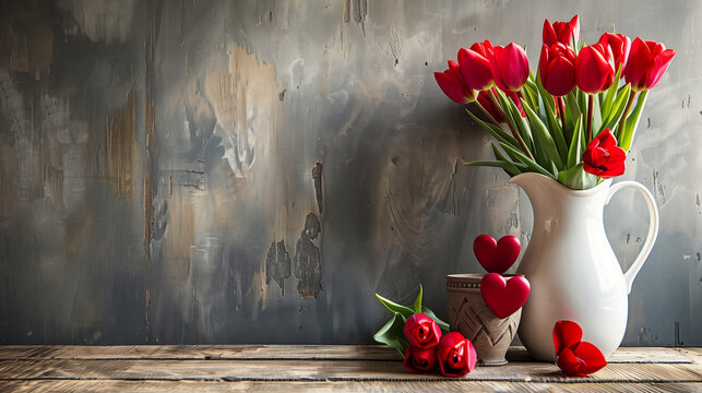 Vibrant red tulips in a white pitcher on rustic background: Picturesque arrangement of red flowers with hearts on a wooden table against a textured, grey backdrop