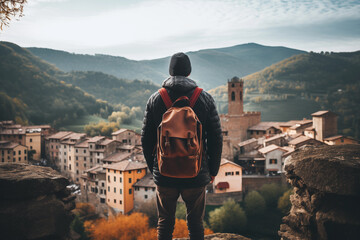 Adventurous person stands gazing at a peaceful valley with a historic town at sunset - obrazy, fototapety, plakaty