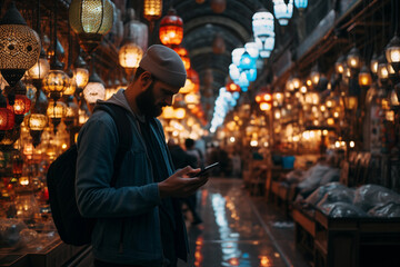 Young man checks his phone amidst the warm glow of lanterns in a busy market aisle