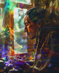A contemplative portrait of a Native American craftsman, surrounded by intricate beadwork and pottery, focused intently on his art, with the soft light of dawn filtering through a window.