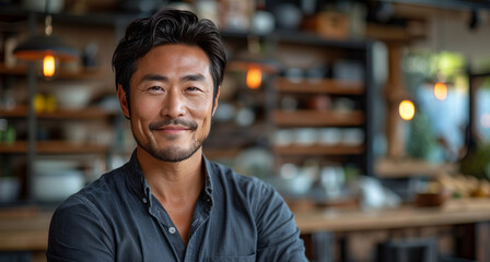 A close-up portrait of a successful Asian man
