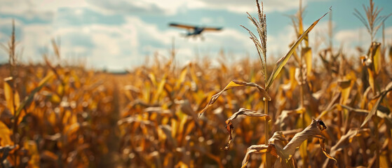 A cornfield, under a vast sky, where each corn stalk is topped with a miniature campaign poster, a biplane skywriting voting reminders overhead. - obrazy, fototapety, plakaty