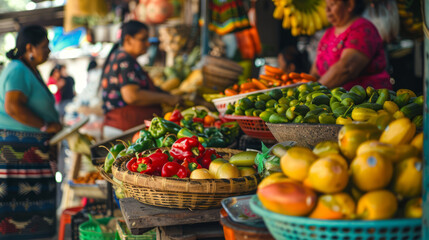 Fototapeta na wymiar A bustling market scene with an array of fresh fruits and vegetables displayed in baskets, somewhere in Mexica