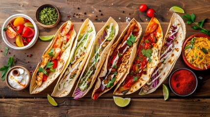 Flat lay variety of delicious quesadillas with different fillings, presented on a wooden surface surrounded by ingredients and condiments