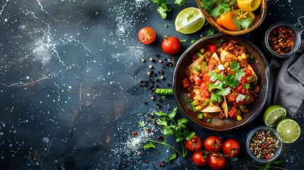 Flat lay with delicious and colorful enchilada dish, garnished with fresh herbs and chopped vegetables, surrounded by various ingredients and spices, on a dark background with space for text