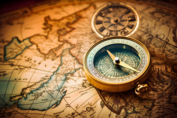 Fototapeta na wymiar Antique brass compass lying on a classic map, symbolizing adventure and navigation