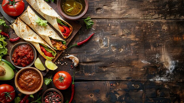 Flat lay with delicious enchiladas and ingredients for it - beef sauce, red chili sauce, vegetables, avocado and species, on a wooden rustic background, with space for text