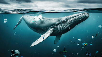 A humpback whale swimming in the ocean with plastic bags and bottles floating in the water - obrazy, fototapety, plakaty