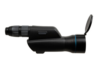 Modern spyglass. Long-range observation device. Monocular isolate on a white back
