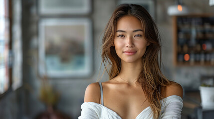 A close-up portrait of a successful Asian young woman
