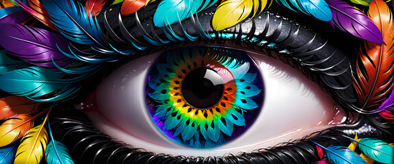 A feathered human eyeball. Illustration of an eye with ornate decorations. Exotic graphic work.