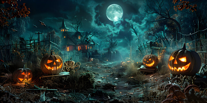 Halloween pumpkins at mysterious night with the full moon,Mysterious Halloween Night with Full Moon and Pumpkins
