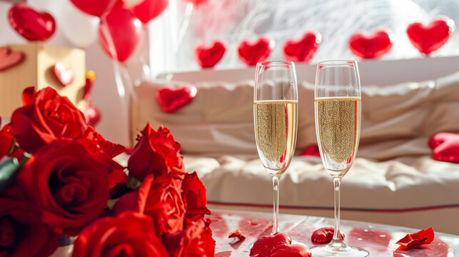 valentines day, holidays and interior concept two glasses of champagne and red flowers.Generative Ai