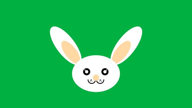 Smiley rabbit face animation with swinging ears and blinking eyes on green screen. Concept for easter holiday celebration.