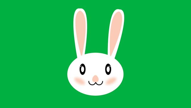 Big white bunny with blinking eyes, cute smile and swinging ears on green screen. White animated rabbit face.
