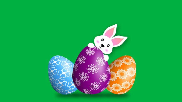 Cute bunny behind the easter eggs and blinking eyes. Animated clip for easter holiday.