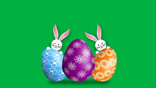 Two beautiful bunny smiling behind the decorated eggs on green screen. Animation for easter holiday.