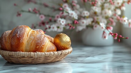 Easter background. Beautiful composition of Easter cake with multi-colored eggs and spring flowers on a delicate background. Spring holidays concept with copy space.