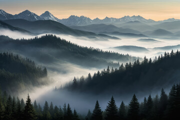 Obraz premium Mist-engulfed peaks rise above a dense forest. Morning fog