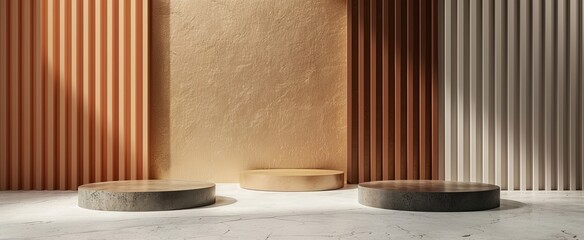 Minimalist interior design with terrazzo podiums against a textured beige background with vertical brown lines.