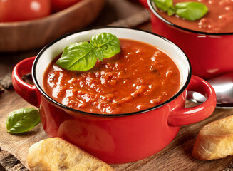 Bowl of tomato soup garnished with basil leaves
