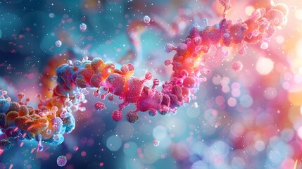 Colorful DNA Strand with Bubbles and Chromosome in Tilt-Shift Style - obrazy, fototapety, plakaty