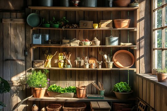 Shelves with gardening tools, shed, barn, storage and order in utility rooms, parts, small items, hobby gardening, natural materials