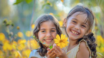Dos niñas morenas sonriendo sujetando una flor amarilla entre sus manos al aire libre en un día soleado de primavera. - obrazy, fototapety, plakaty