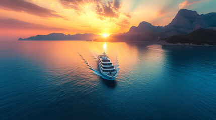 luxury cruiseline ship or yacht sailing in the middle of sea at sunset. generative ai - obrazy, fototapety, plakaty