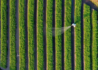 The aerial view captures a farmer watering the vegetable garden, creating a mesmerizing scene of...