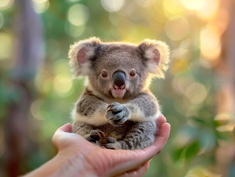 Tiny, living koala sitting in palms, against a backdrop of rainbow flares