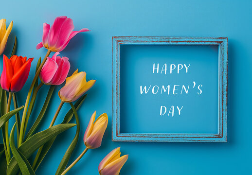 Women’s Day Background With Tulips And Empty Frame For Simple Message, Generative ai