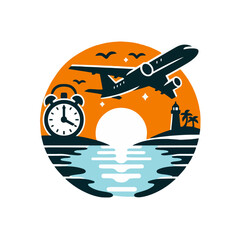 departure on vacation- alarm clock, airplane, sea and sun vector illustration concept